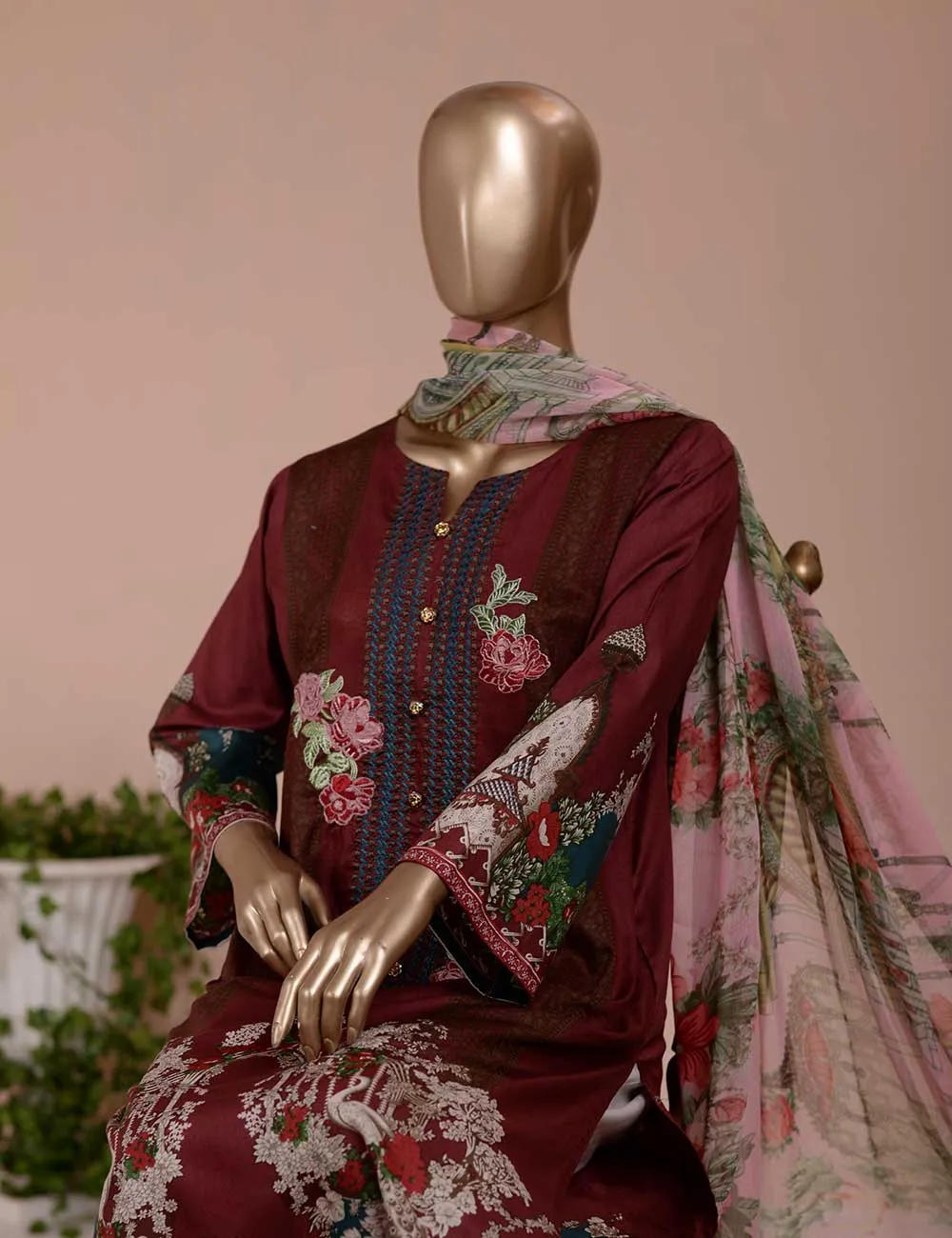 3 Pc Unstitched Lawn Embroidered Dress with Chiffon Dupatta - Summer Love (EC-6B)