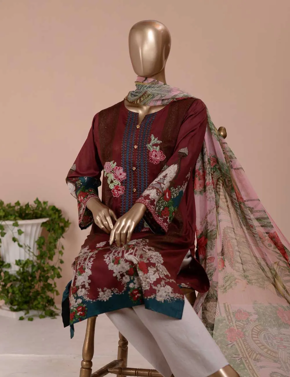 3 Pc Unstitched Lawn Embroidered Dress with Chiffon Dupatta - Summer Love (EC-6B)