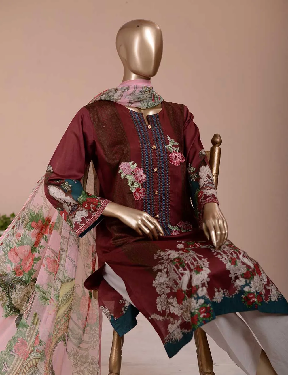 3 Pc Unstitched Lawn Embroidered Dress with Chiffon Dupatta - Summer Love (EC-6B)