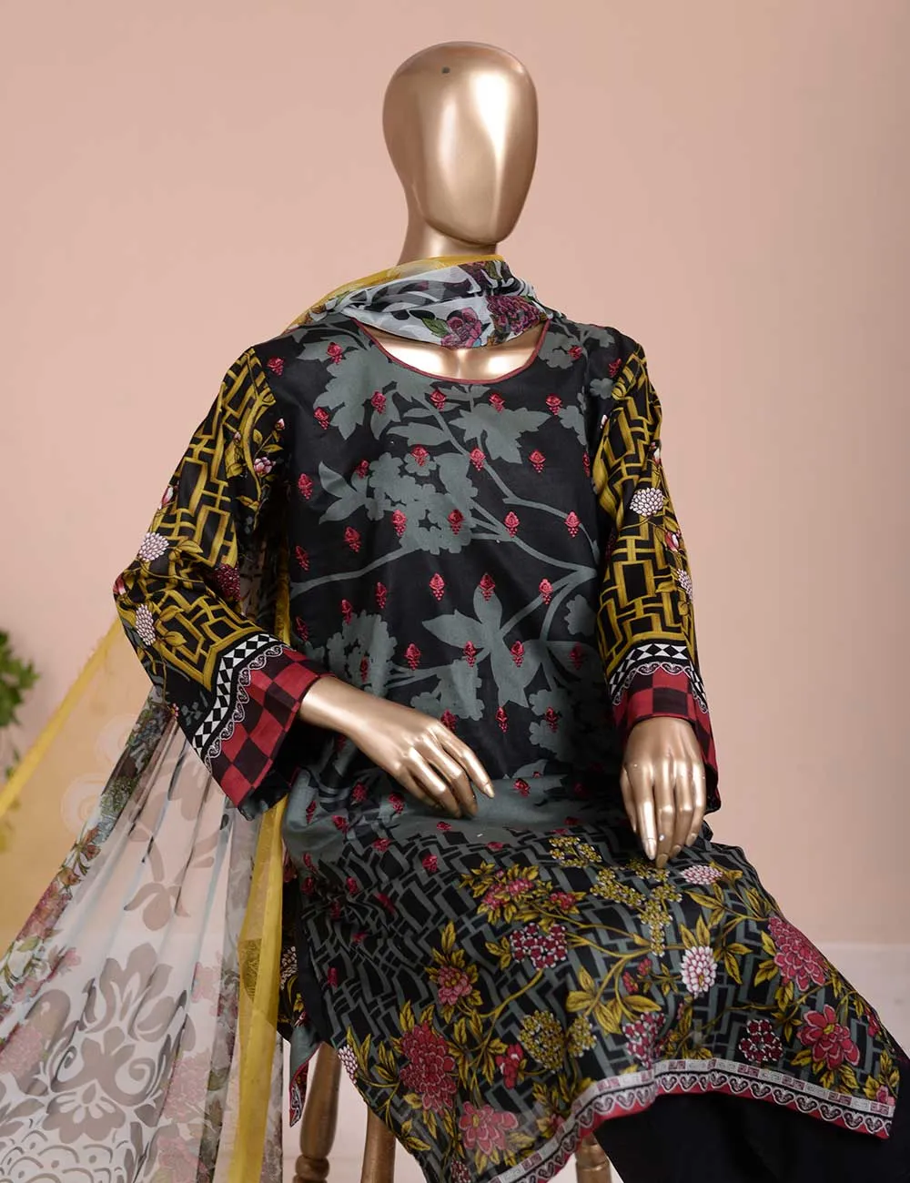 3 Pc Unstitched Lawn Embroidered Dress with Chiffon Dupatta - True Epiphany (EC-2B)