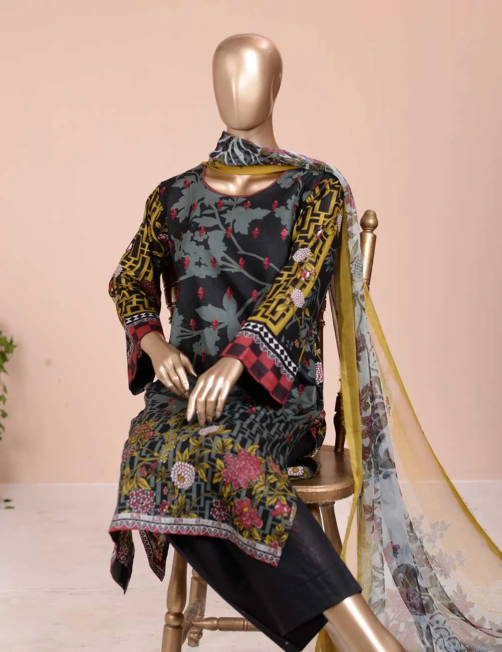 3 Pc Unstitched Lawn Embroidered Dress with Chiffon Dupatta - True Epiphany (EC-2B)