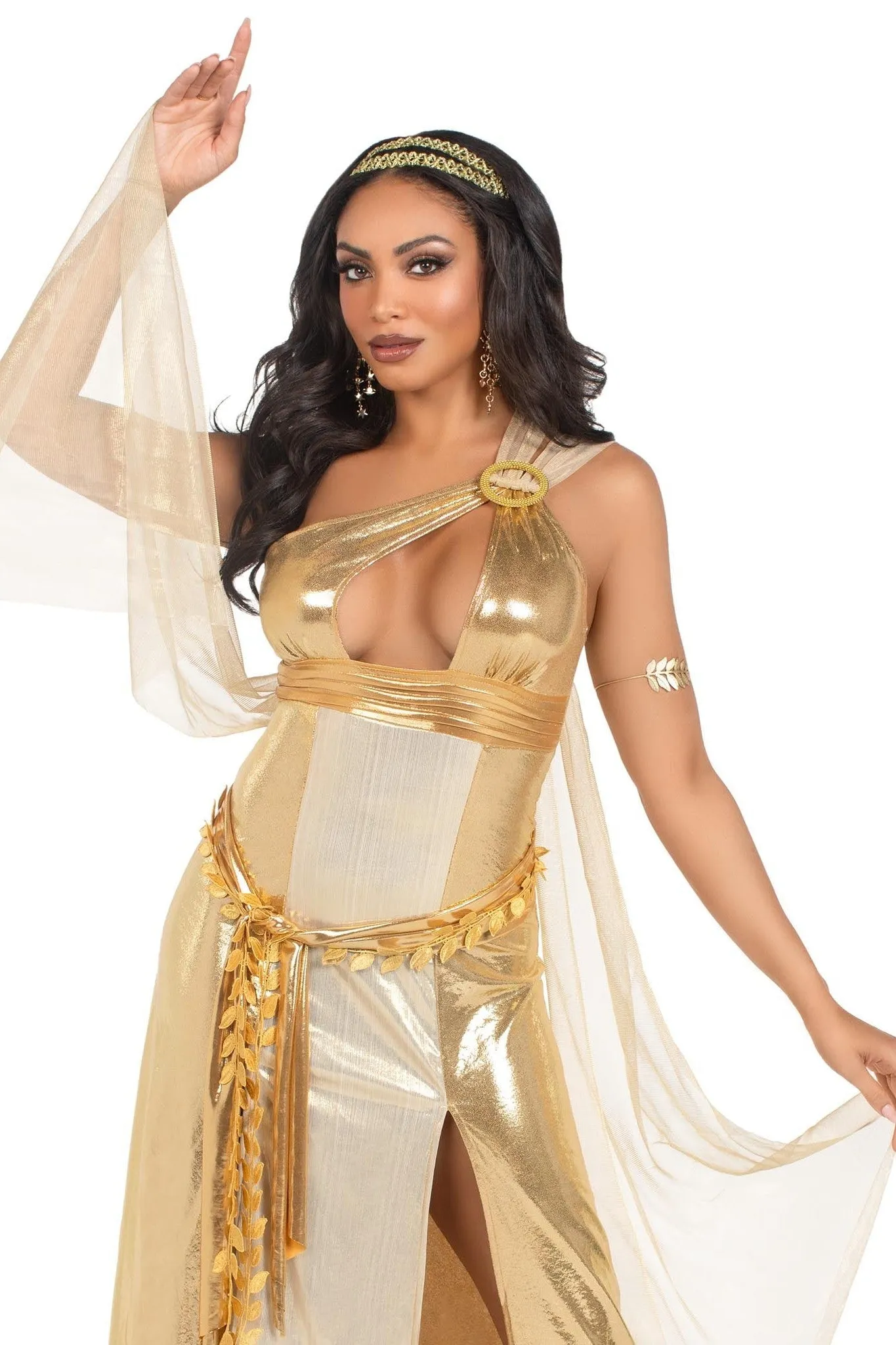 3 Piece Golden Goddess Asymmetrical Shimmer Dress, Draping, Gold Leaf Sash