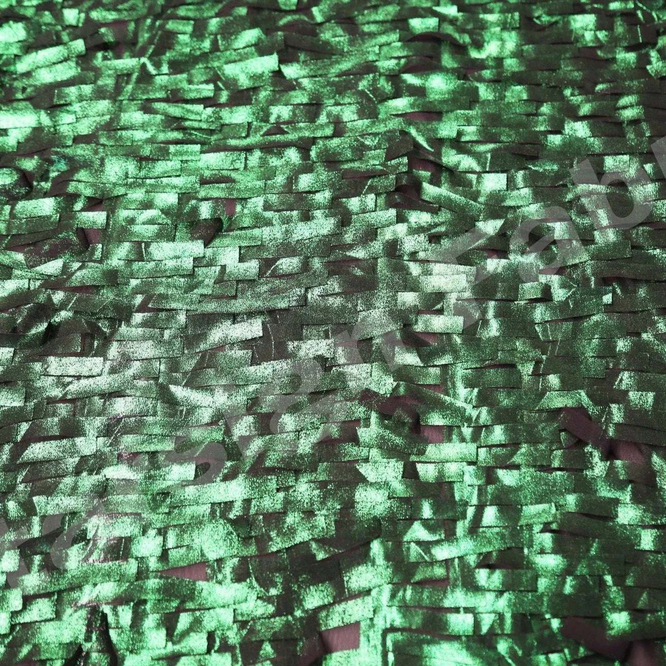 3D Fringed Design Black Base Hologram Trim Chiffon Embroidery Green Fabric