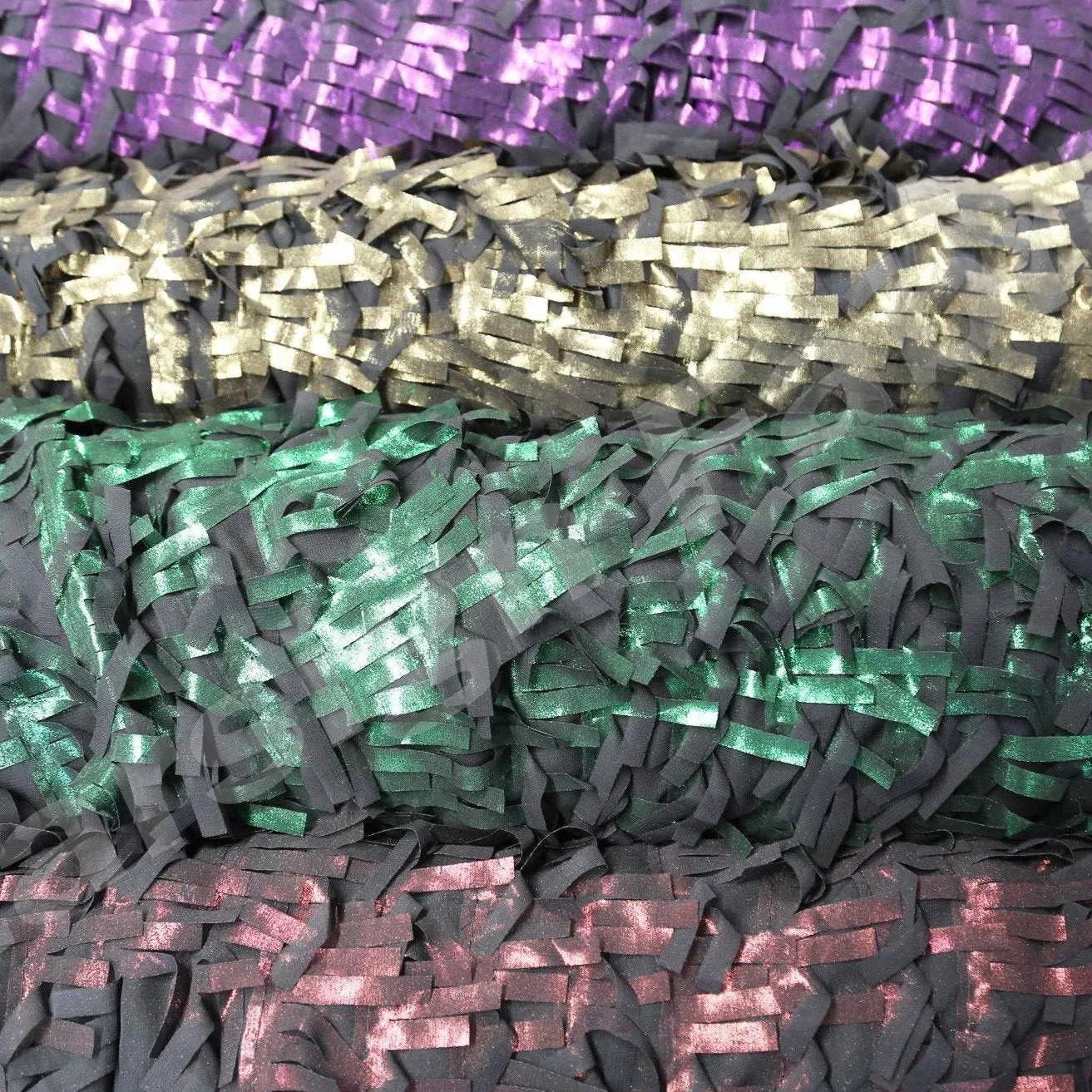 3D Fringed Design Black Base Hologram Trim Chiffon Embroidery Green Fabric