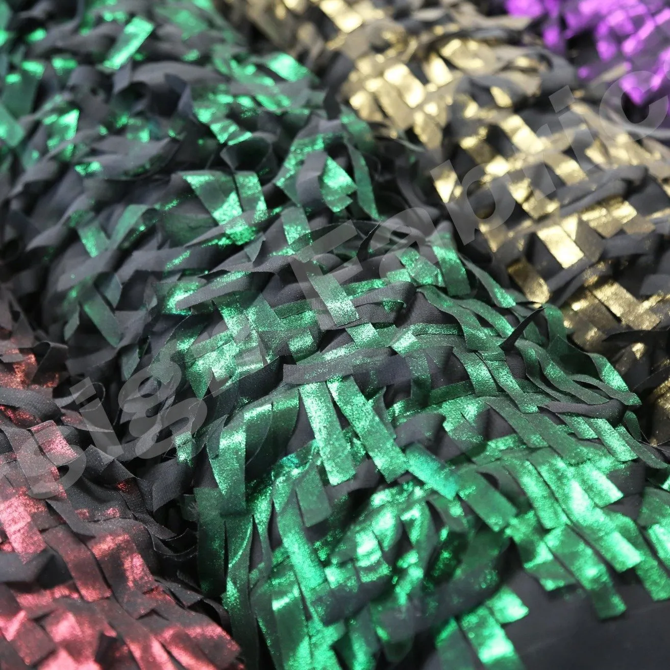 3D Fringed Design Black Base Hologram Trim Chiffon Embroidery Green Fabric