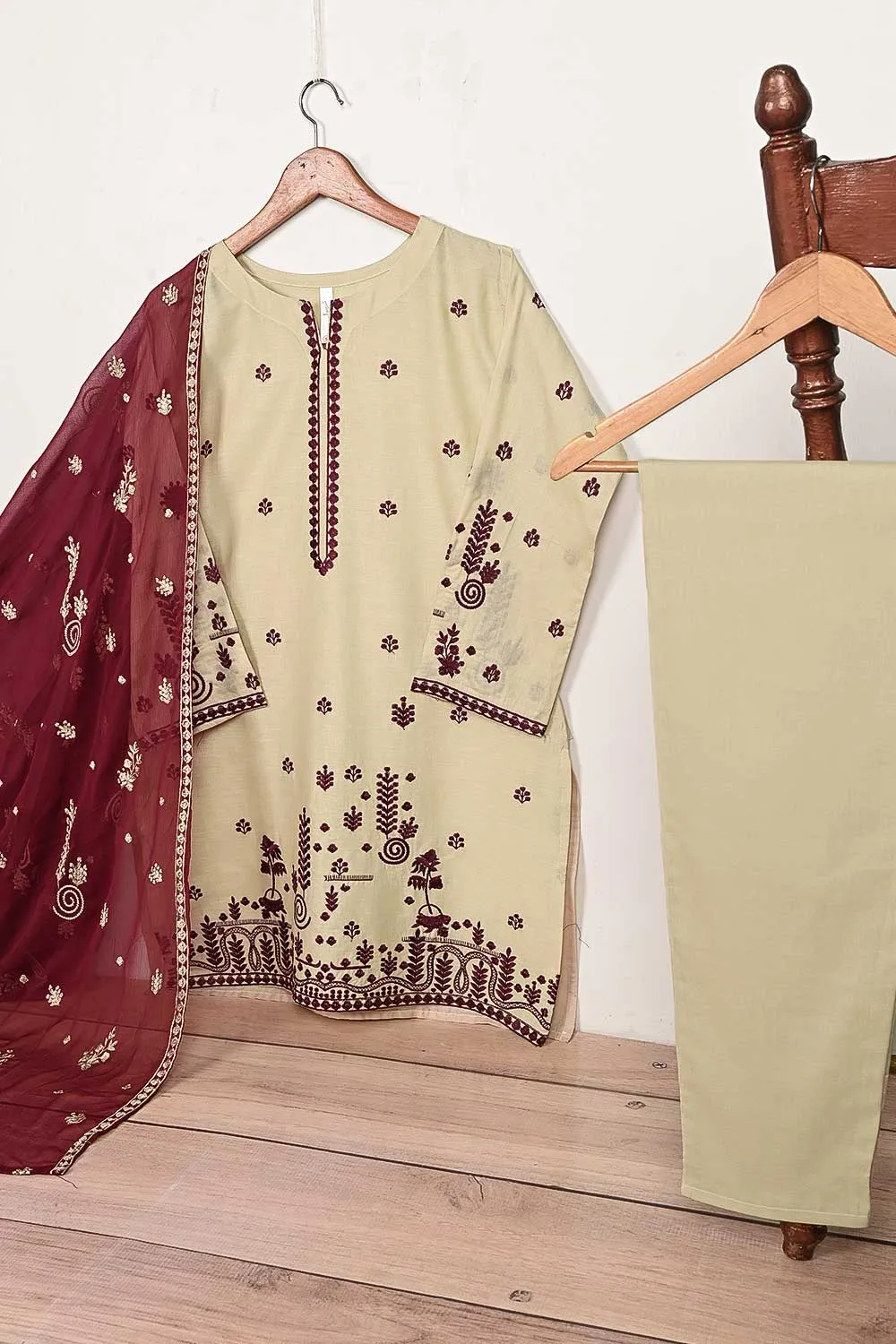 3SP-12B-Skin - 3PC COTTON EMBROIDERED Dress With Chiffon Embroidered Dupatta
