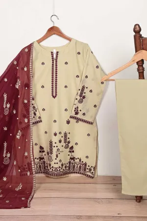 3SP-12B-Skin - 3PC COTTON EMBROIDERED Dress With Chiffon Embroidered Dupatta