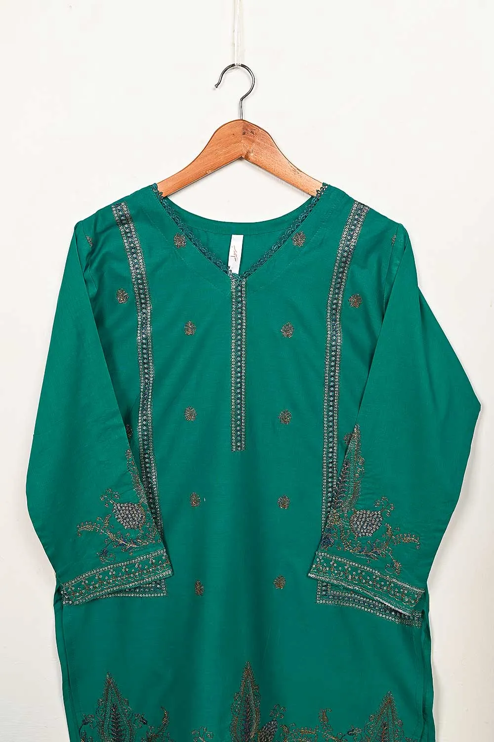 3SP-13A-Green - 3PC COTTON EMBROIDERED Dress With Chiffon Embroidered Dupatta