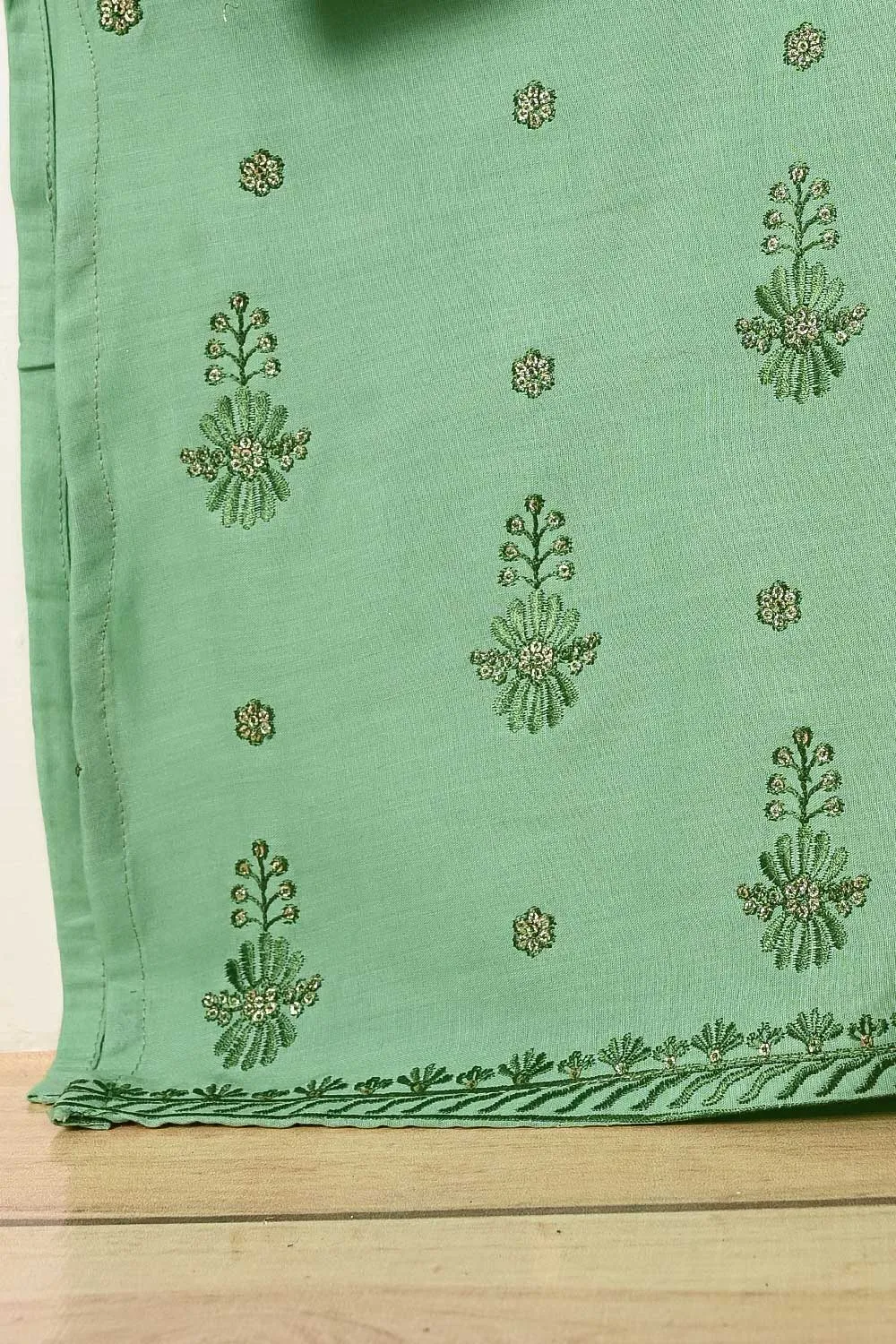 3SP-15A-Pista - 3PC COTTON EMBROIDERED Dress With Chiffon Embroidered Dupatta