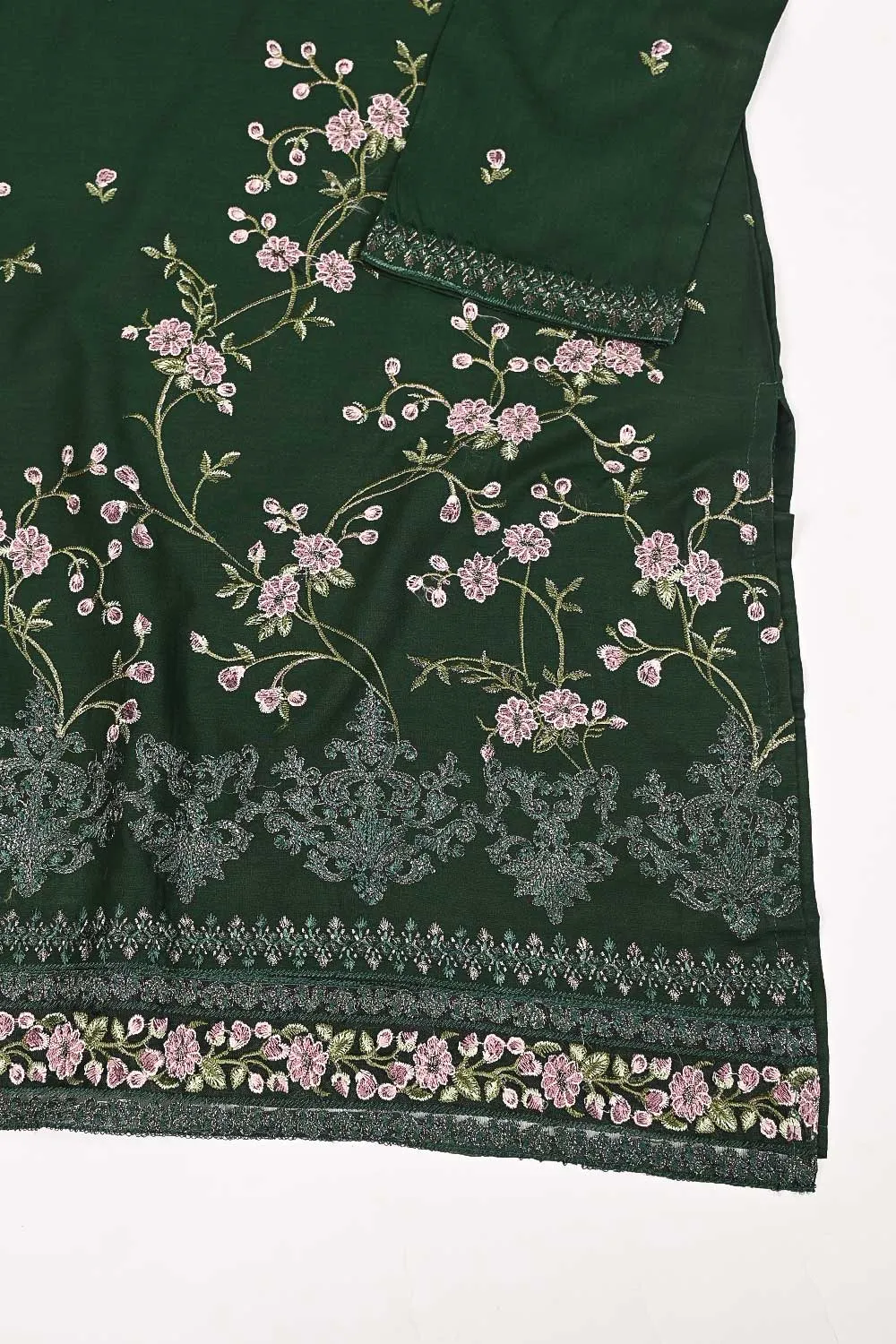 3SP-18A-Green - 3PC COTTON EMBROIDERED Dress With Chiffon Embroidered Dupatta