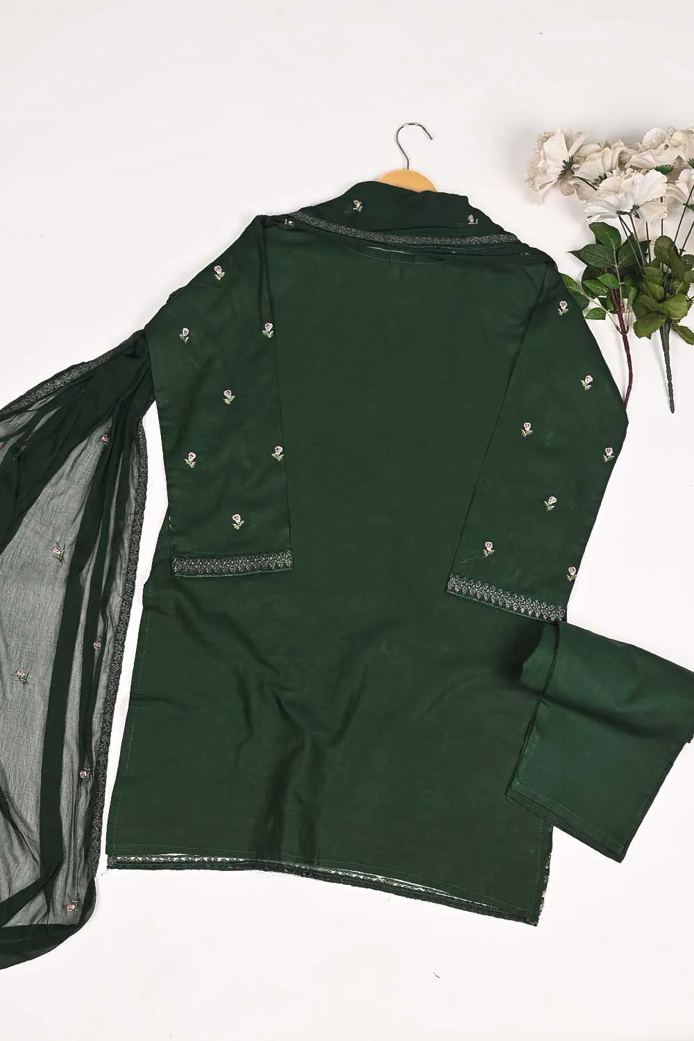 3SP-18A-Green - 3PC COTTON EMBROIDERED Dress With Chiffon Embroidered Dupatta