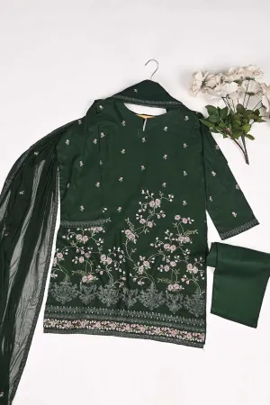 3SP-18A-Green - 3PC COTTON EMBROIDERED Dress With Chiffon Embroidered Dupatta