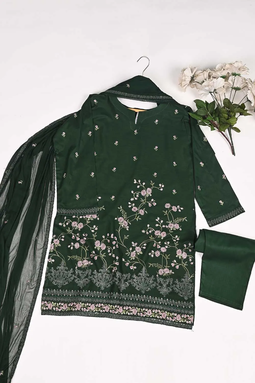 3SP-18A-Green - 3PC COTTON EMBROIDERED Dress With Chiffon Embroidered Dupatta
