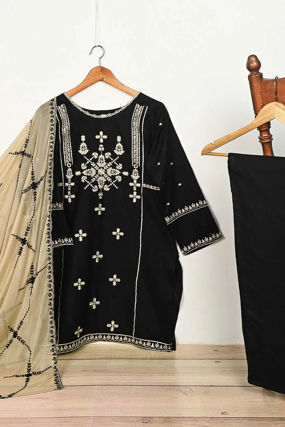 3SP-4C-BLACK - 3PC CAMBRIC EMBROIDERED Dress With Chiffon Embroidered Dupatta