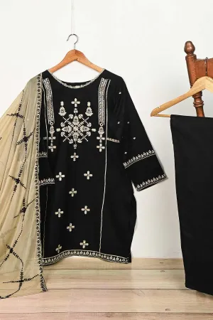 3SP-4C-BLACK - 3PC CAMBRIC EMBROIDERED Dress With Chiffon Embroidered Dupatta