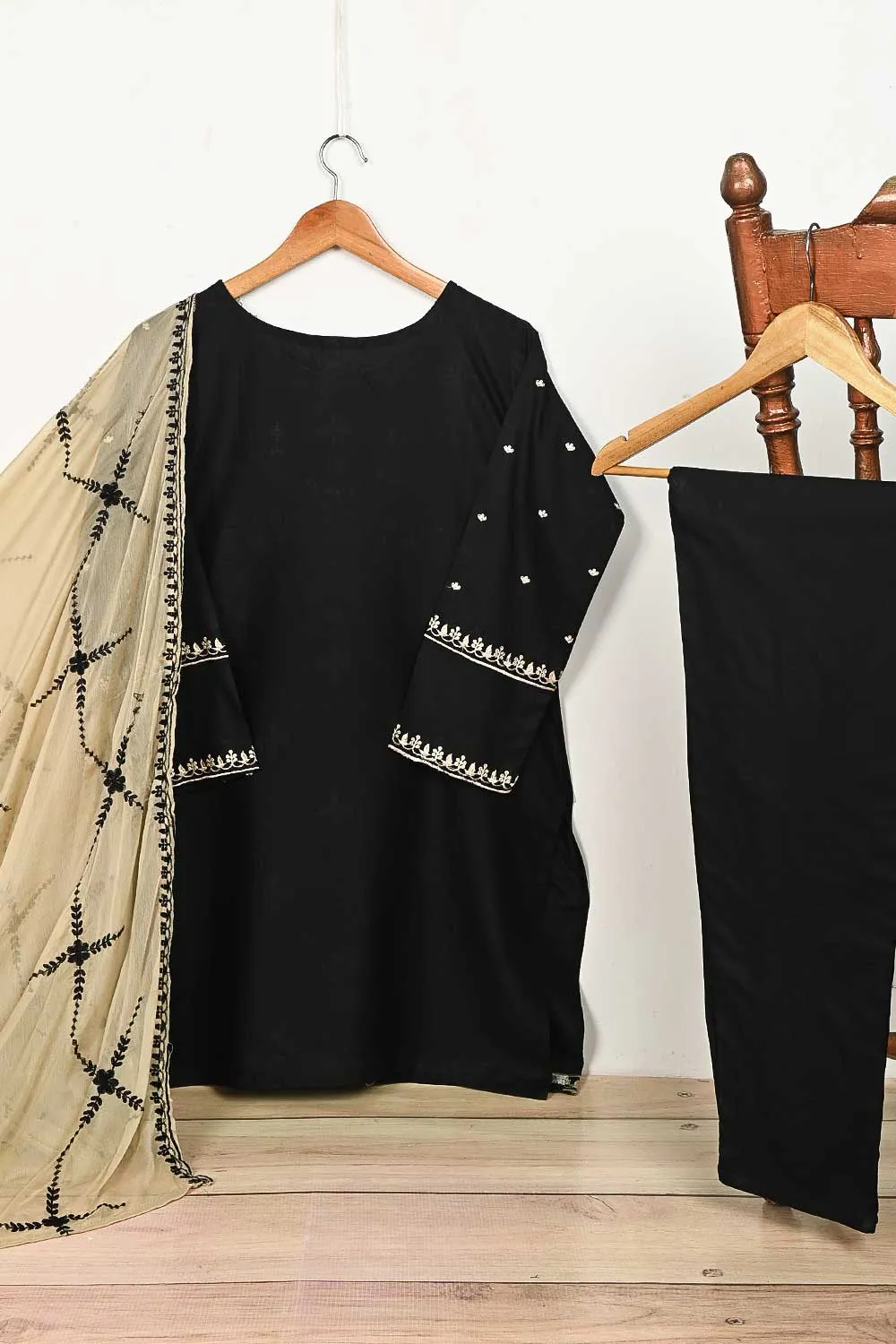 3SP-4C-BLACK - 3PC CAMBRIC EMBROIDERED Dress With Chiffon Embroidered Dupatta
