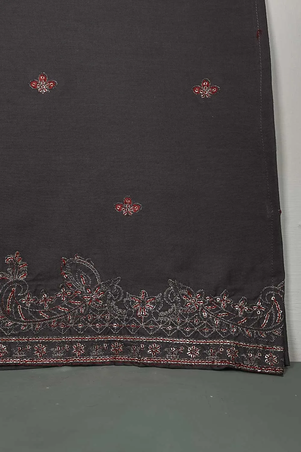3SP-5B-STEELGREY - 3PC COTTON EMBROIDERED Dress With Chiffon Embroidered Dupatta