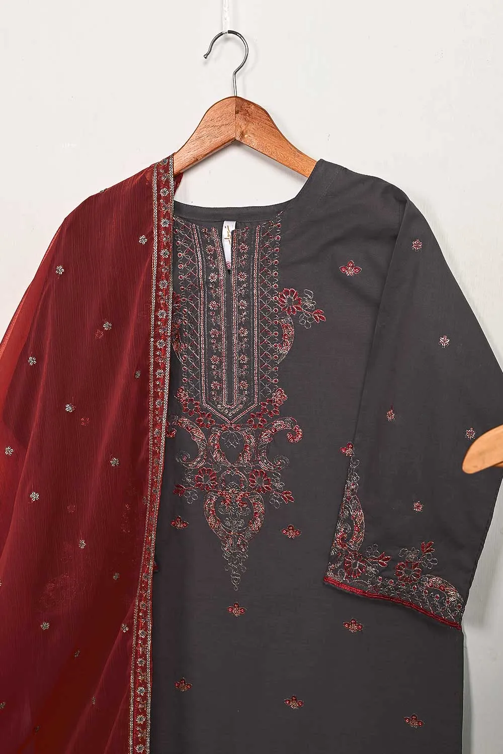 3SP-5B-STEELGREY - 3PC COTTON EMBROIDERED Dress With Chiffon Embroidered Dupatta
