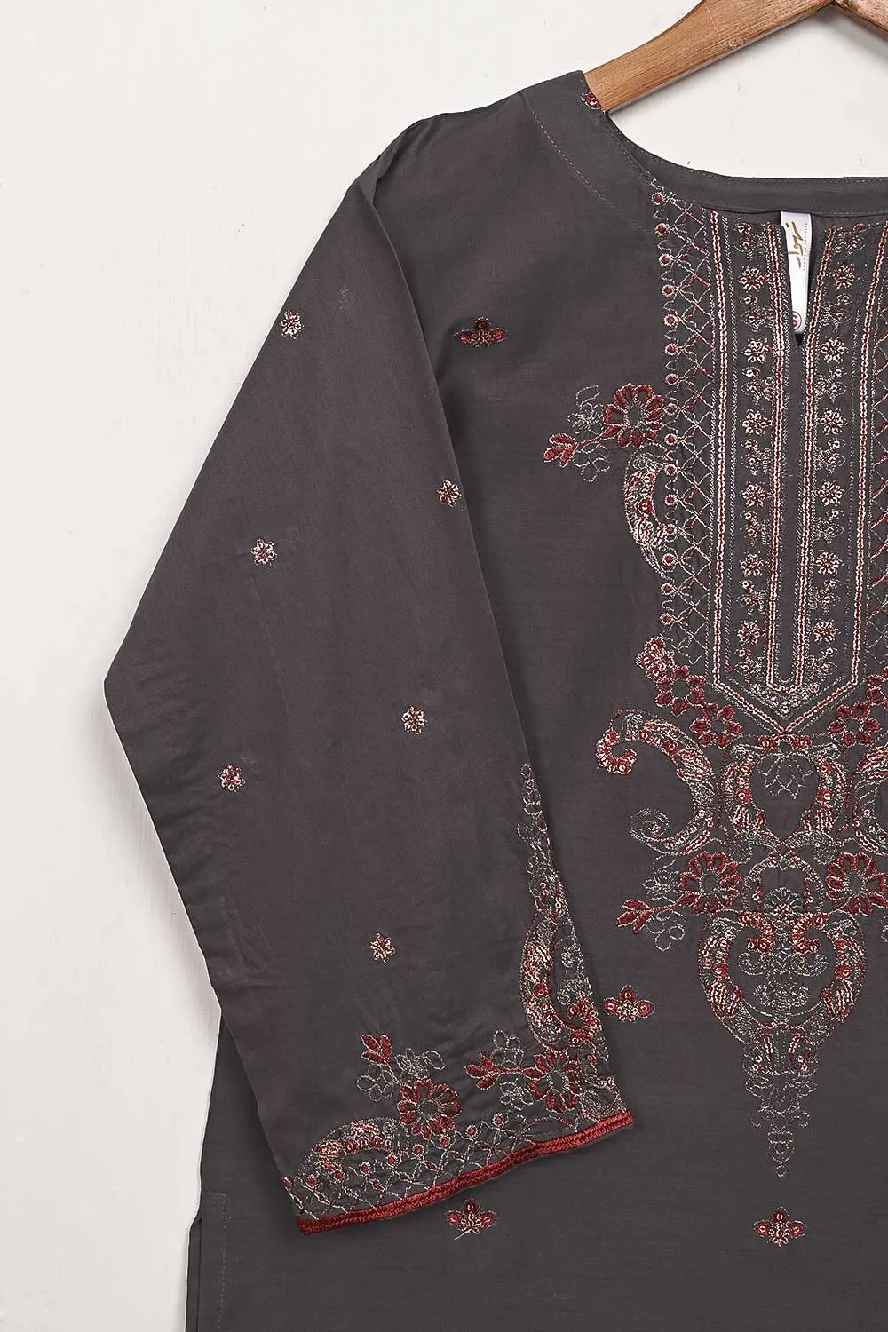 3SP-5B-STEELGREY - 3PC COTTON EMBROIDERED Dress With Chiffon Embroidered Dupatta