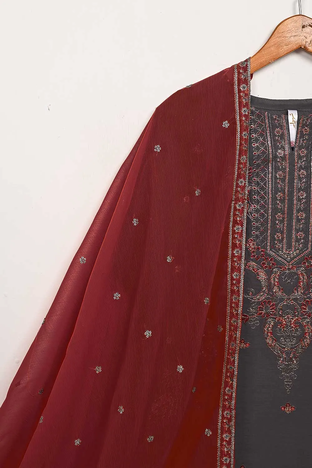3SP-5B-STEELGREY - 3PC COTTON EMBROIDERED Dress With Chiffon Embroidered Dupatta