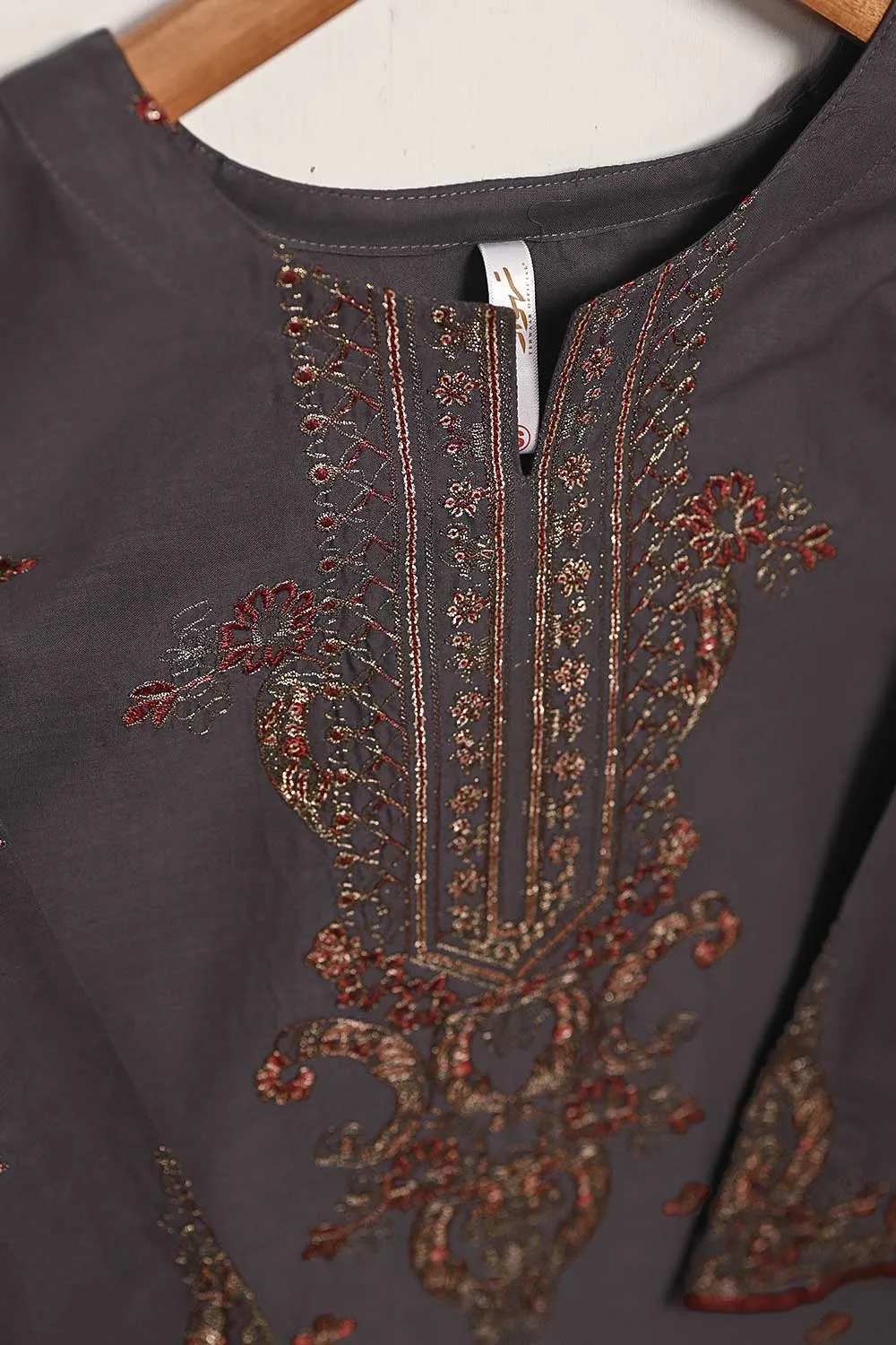 3SP-5B-STEELGREY - 3PC COTTON EMBROIDERED Dress With Chiffon Embroidered Dupatta