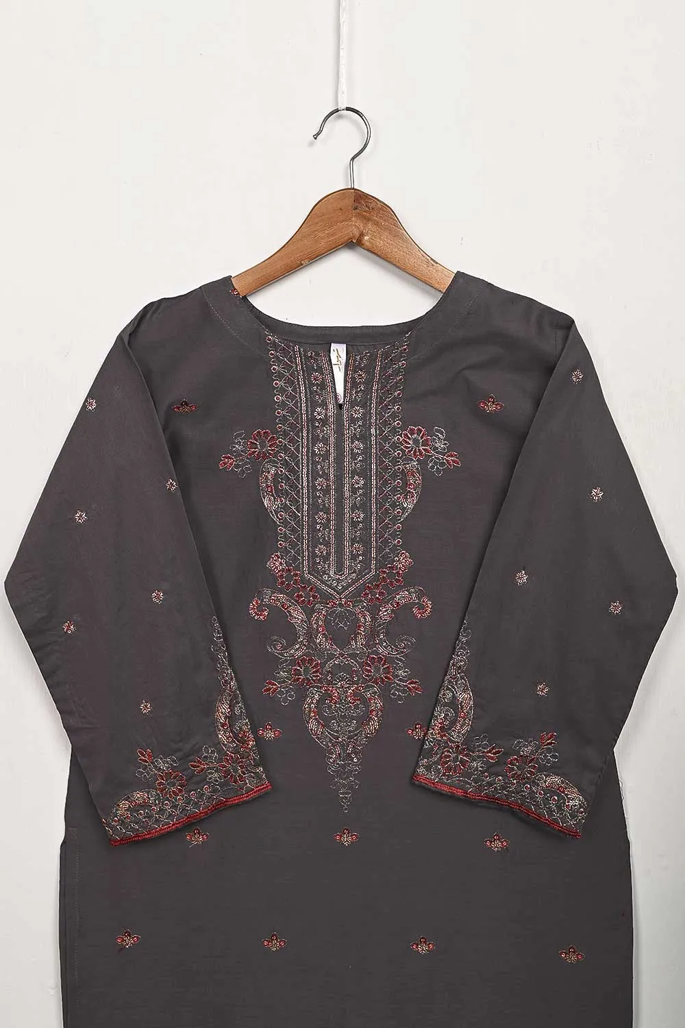3SP-5B-STEELGREY - 3PC COTTON EMBROIDERED Dress With Chiffon Embroidered Dupatta
