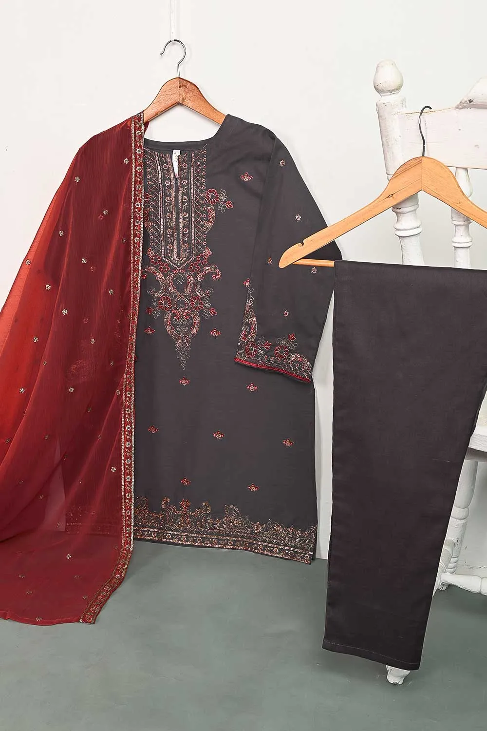3SP-5B-STEELGREY - 3PC COTTON EMBROIDERED Dress With Chiffon Embroidered Dupatta