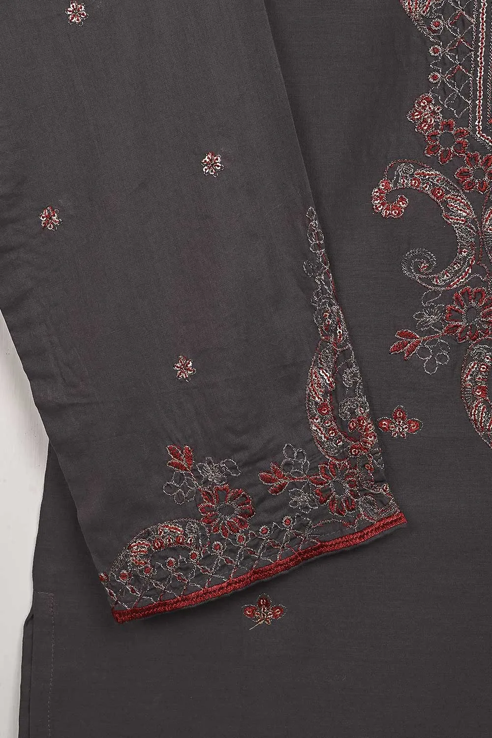 3SP-5B-STEELGREY - 3PC COTTON EMBROIDERED Dress With Chiffon Embroidered Dupatta