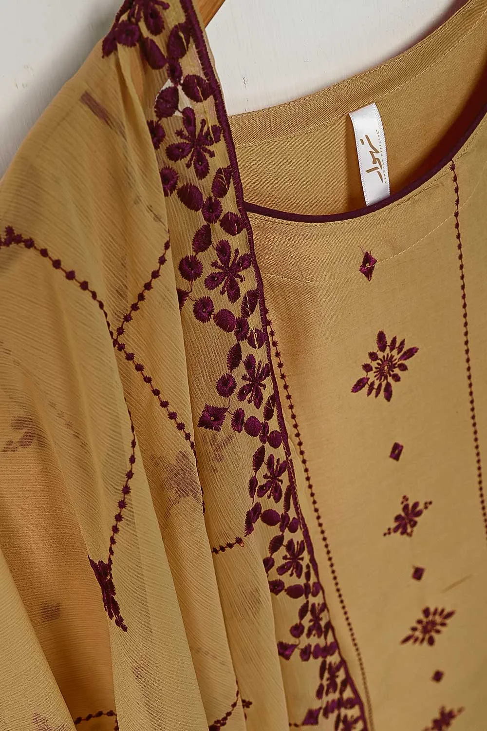 3SP-6A-SKIN - 3PC COTTON EMBROIDERED Dress With Chiffon Embroidered Dupatta