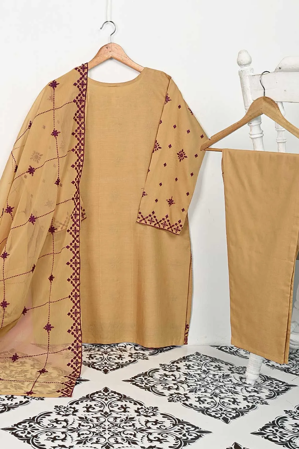 3SP-6A-SKIN - 3PC COTTON EMBROIDERED Dress With Chiffon Embroidered Dupatta