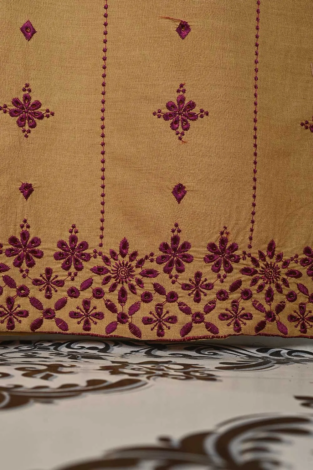3SP-6A-SKIN - 3PC COTTON EMBROIDERED Dress With Chiffon Embroidered Dupatta