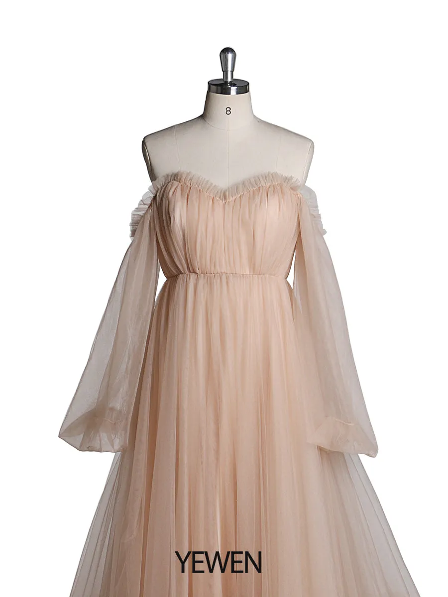 60cm Train Long Sleeve Prom Dress Off Shoulder A-Line Party Maxi Evening Dress