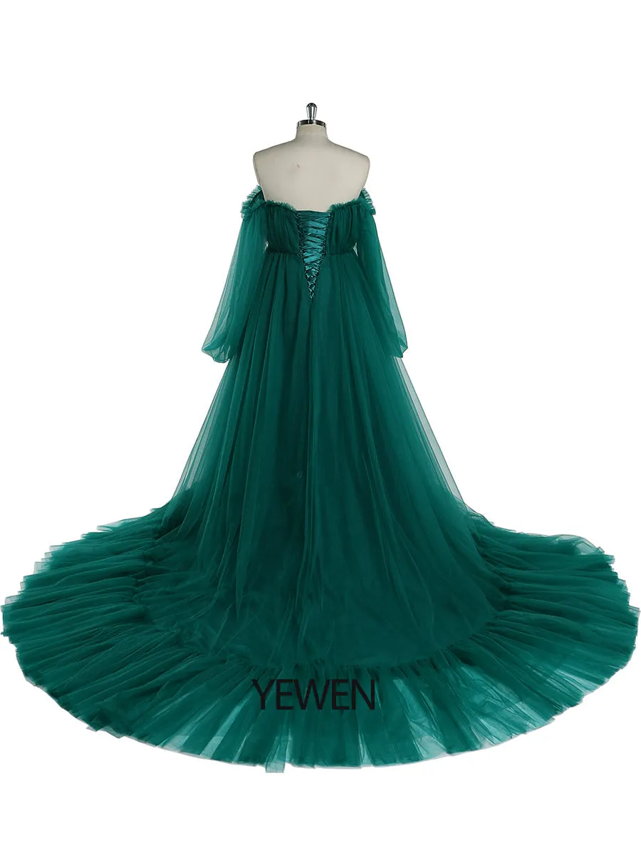 60cm Train Long Sleeve Prom Dress Off Shoulder A-Line Party Maxi Evening Dress