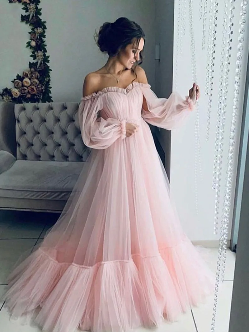 60cm Train Long Sleeve Prom Dress Off Shoulder A-Line Party Maxi Evening Dress