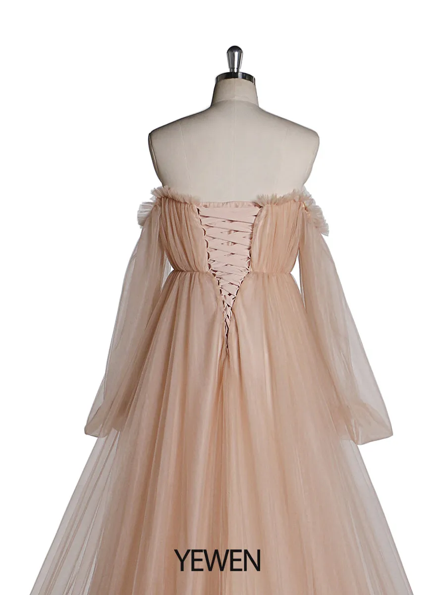 60cm Train Long Sleeve Prom Dress Off Shoulder A-Line Party Maxi Evening Dress