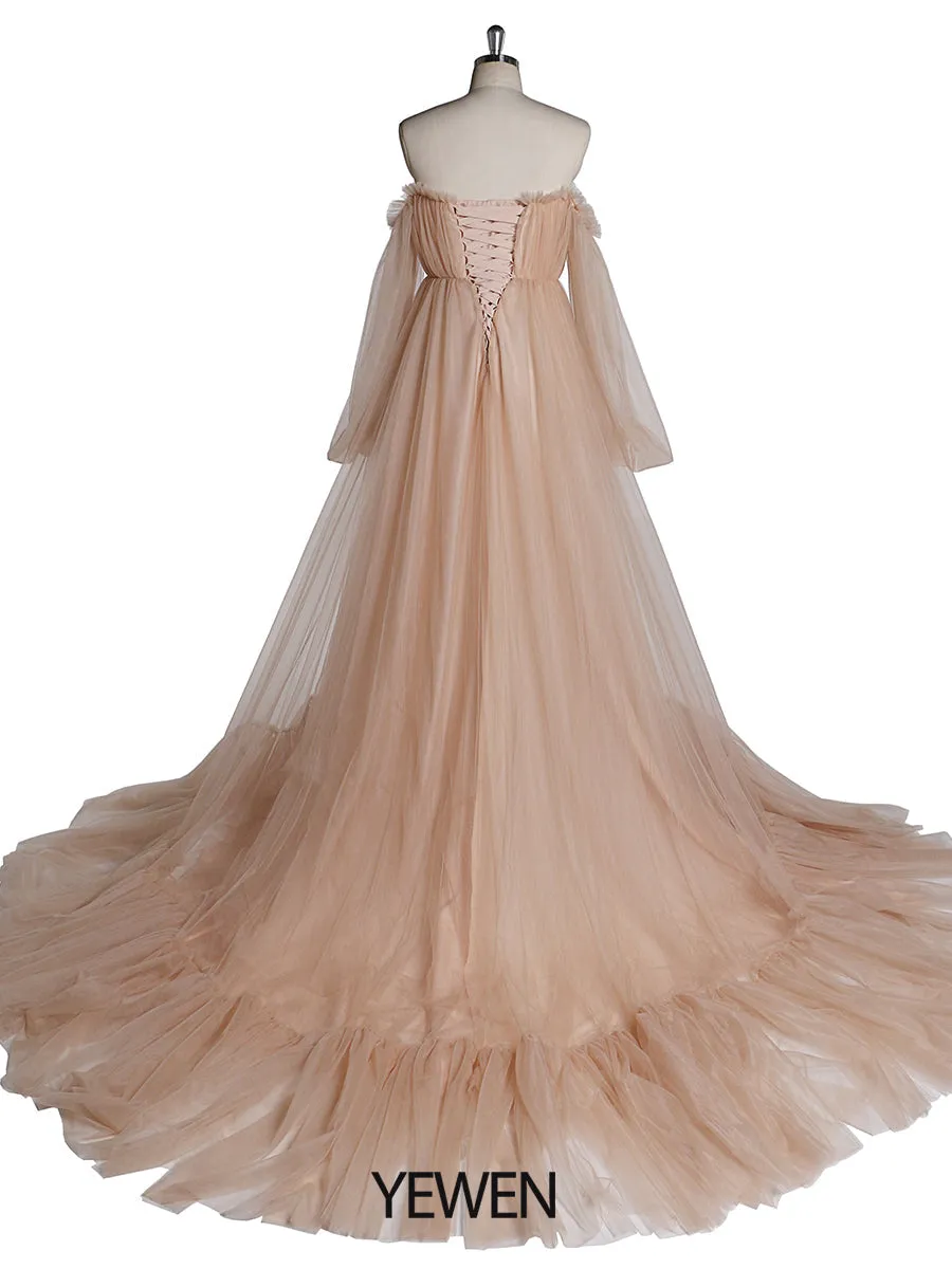 60cm Train Long Sleeve Prom Dress Off Shoulder A-Line Party Maxi Evening Dress