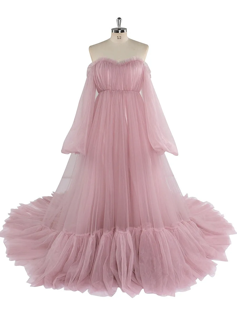 60cm Train Long Sleeve Prom Dress Off Shoulder A-Line Party Maxi Evening Dress