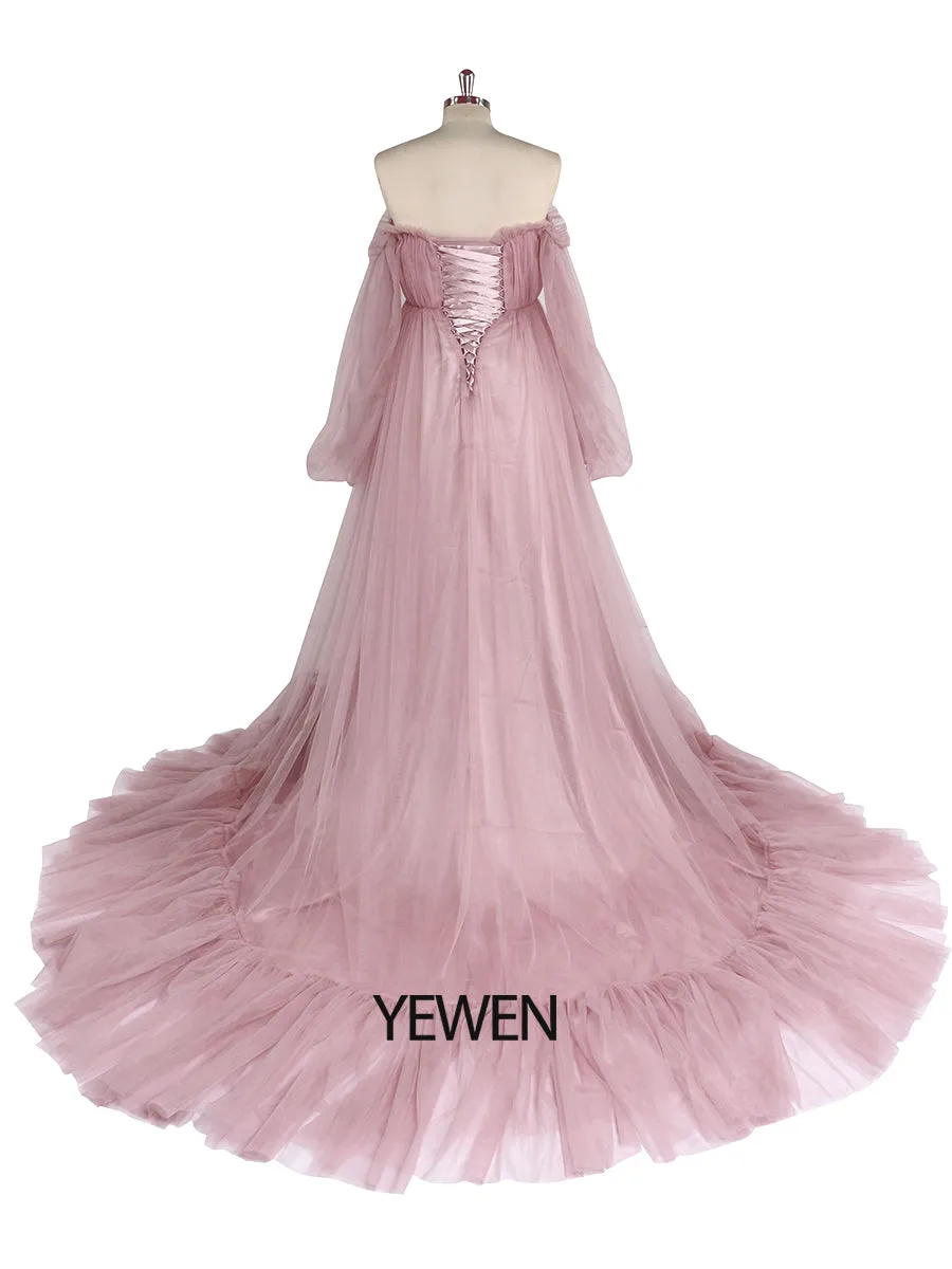 60cm Train Long Sleeve Prom Dress Off Shoulder A-Line Party Maxi Evening Dress