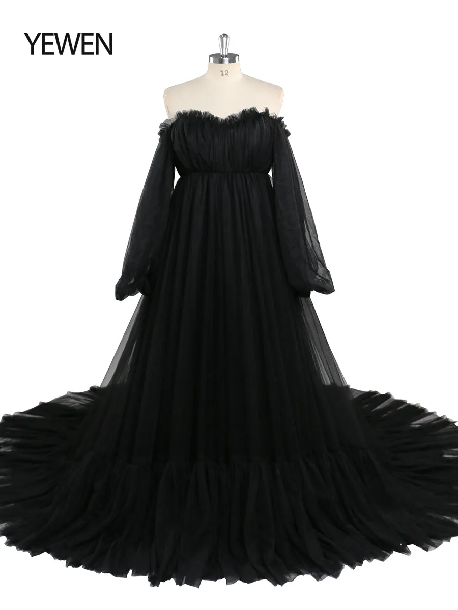60cm Train Long Sleeve Prom Dress Off Shoulder A-Line Party Maxi Evening Dress
