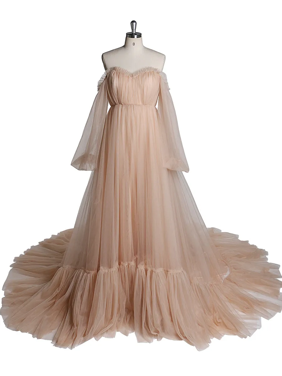 60cm Train Long Sleeve Prom Dress Off Shoulder A-Line Party Maxi Evening Dress