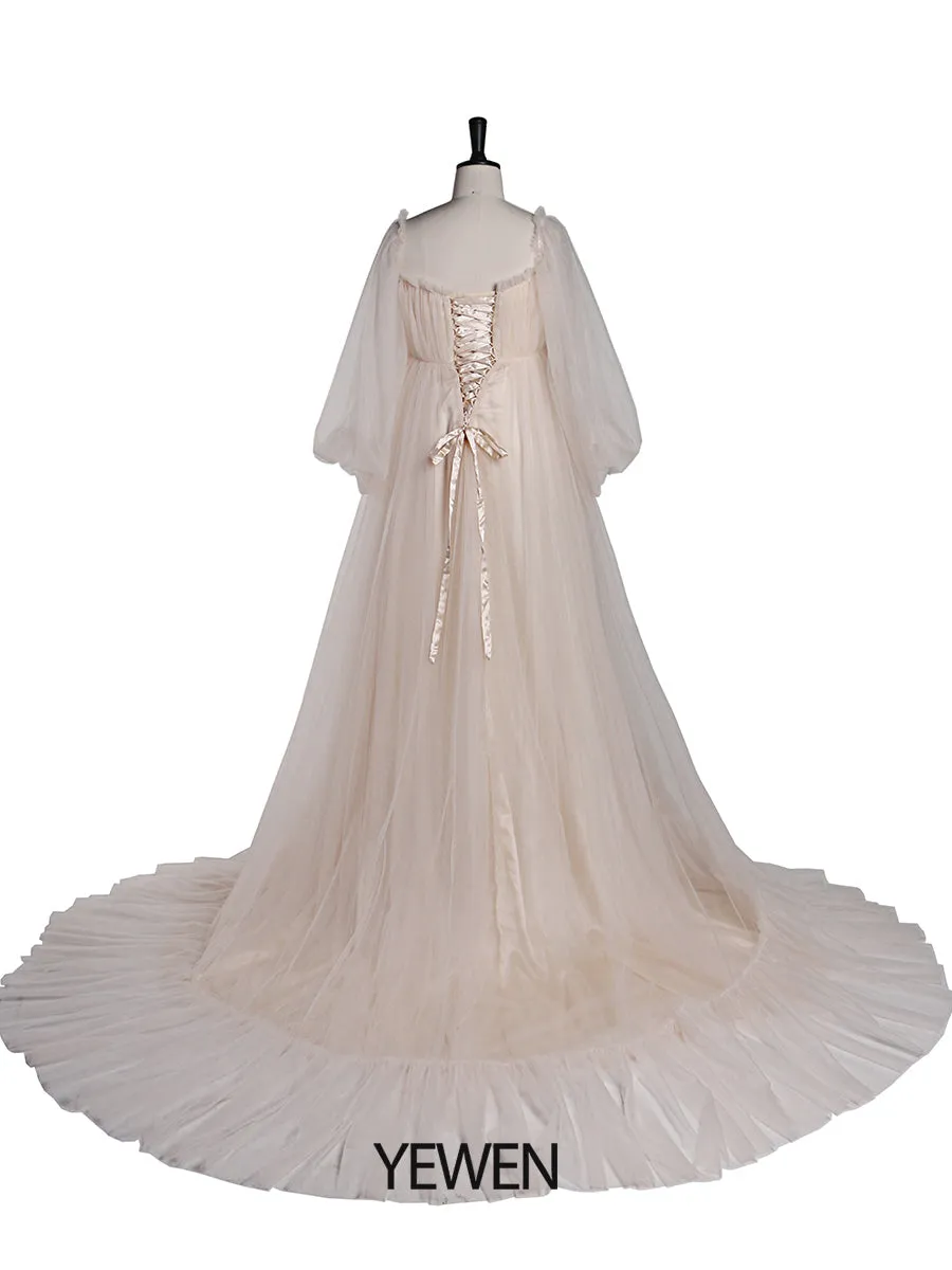 60cm Train Long Sleeve Prom Dress Off Shoulder A-Line Party Maxi Evening Dress