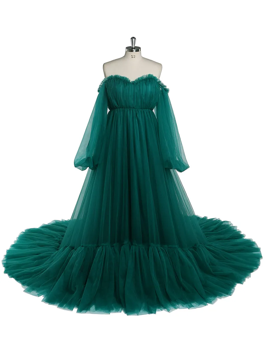 60cm Train Long Sleeve Prom Dress Off Shoulder A-Line Party Maxi Evening Dress