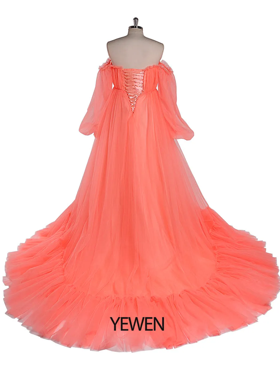 60cm Train Long Sleeve Prom Dress Off Shoulder A-Line Party Maxi Evening Dress