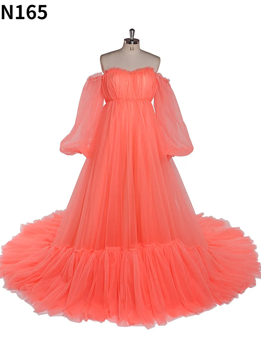 60cm Train Long Sleeve Prom Dress Off Shoulder A-Line Party Maxi Evening Dress