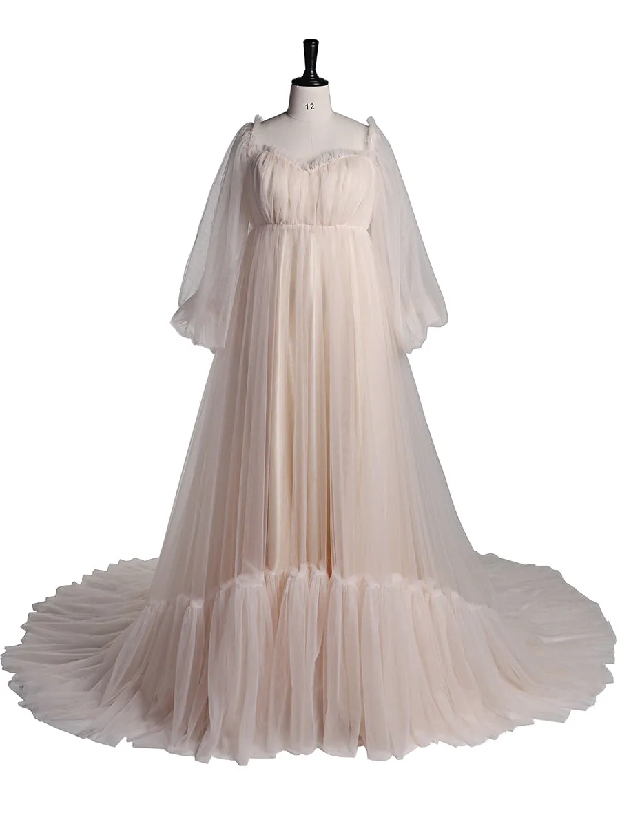 60cm Train Long Sleeve Prom Dress Off Shoulder A-Line Party Maxi Evening Dress