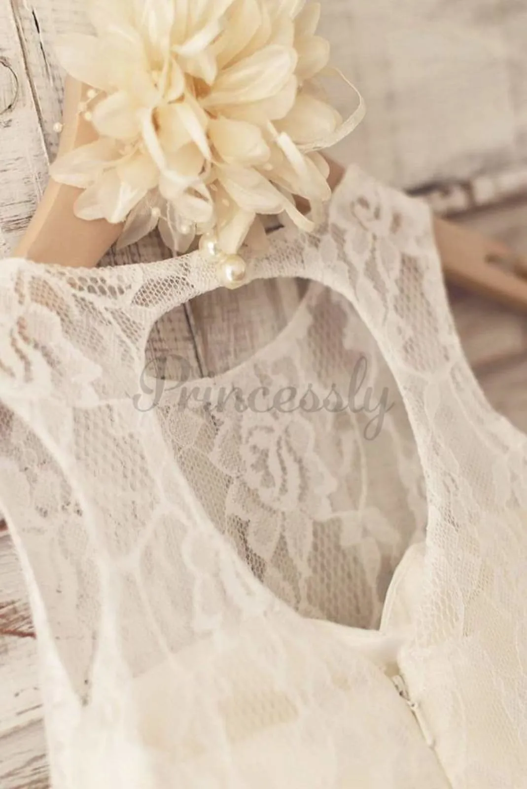 $75 SALE: Princess Ivory Lace Keyhole Back Floor Length Wedding Flower Girl Dress