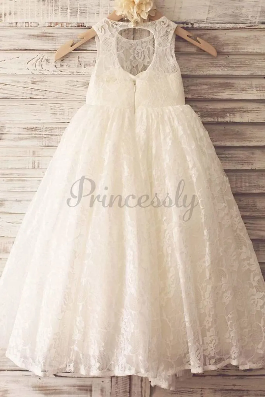 $75 SALE: Princess Ivory Lace Keyhole Back Floor Length Wedding Flower Girl Dress