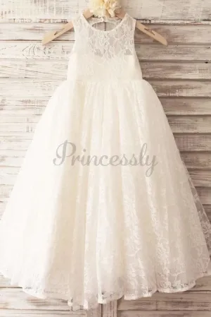 $75 SALE: Princess Ivory Lace Keyhole Back Floor Length Wedding Flower Girl Dress