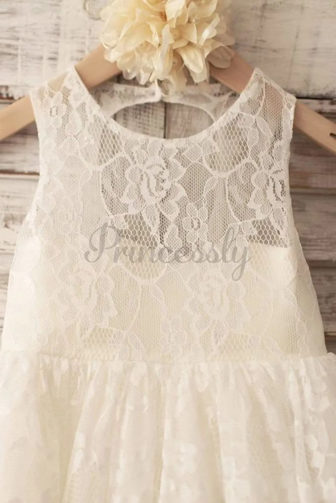$75 SALE: Princess Ivory Lace Keyhole Back Floor Length Wedding Flower Girl Dress
