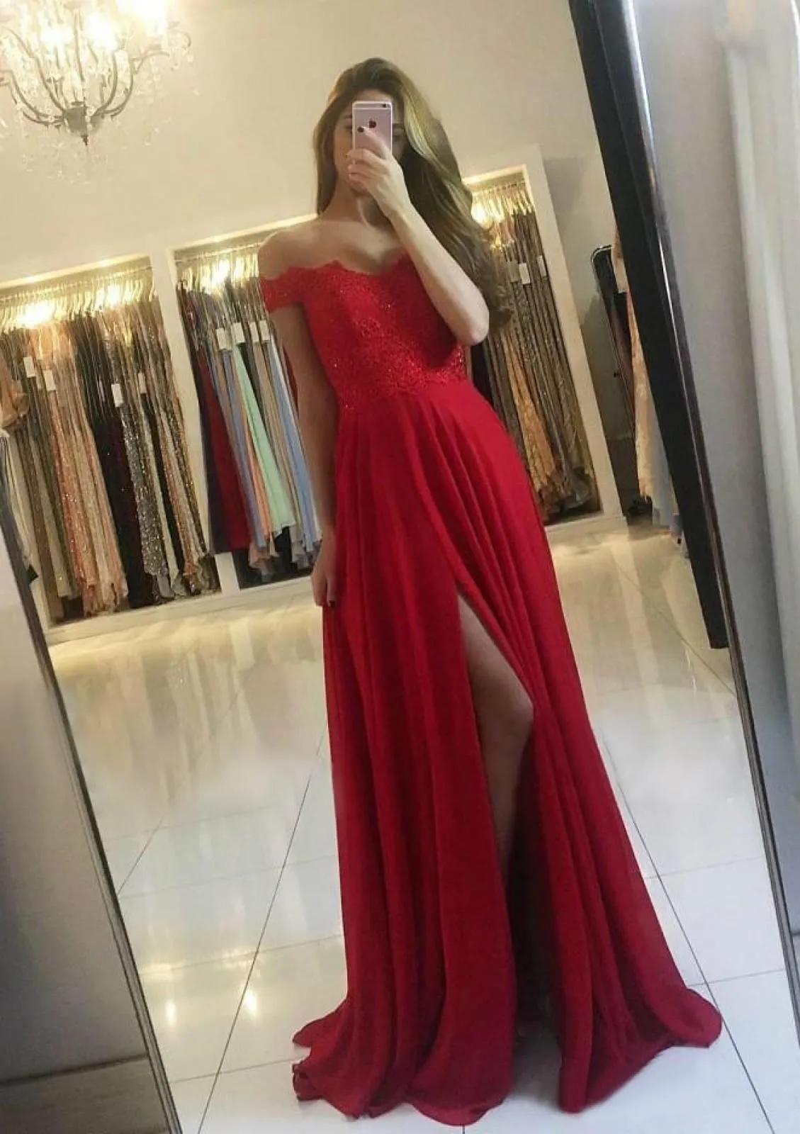 A-line Off Shoulder Scalloped Neck Long Chiffon Prom Dress, Beaded Split